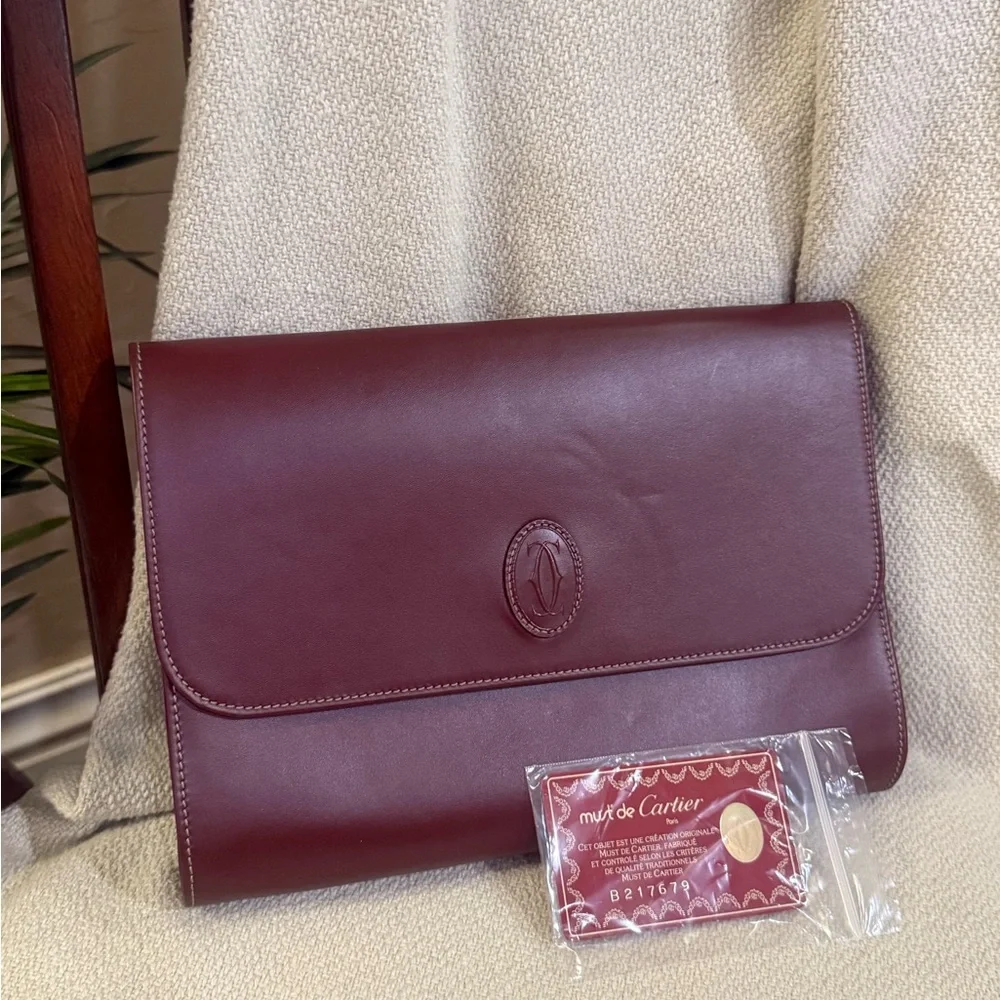 Cartier Burgundy Leather Clutch with After Market Gold Chain and Original Card - Picture 10 of 11